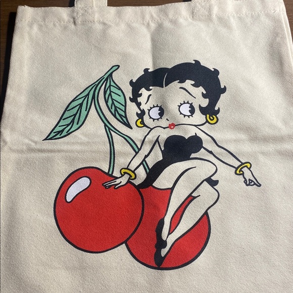 Betty Boop canvas Tote Bag w Betty sitting on cherries. NWT About 12.5x15.5x3 - Picture 2 of 4
